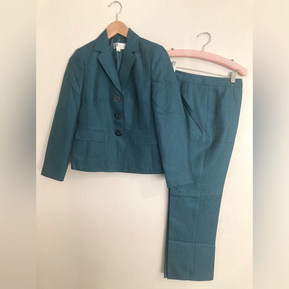 Le Suit Teal Green 2pc Pantsuit blazer jacket pants 2p 2 petite
